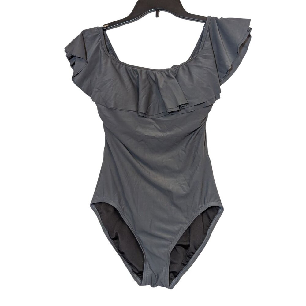 Michael Kors Ruffle One Piece Swimsuit Size 6 Gray Nylon Spandex Blend Womens Sw